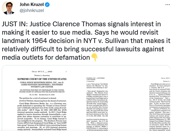 美大法官称有意推翻“纽约时报诉沙利文案”