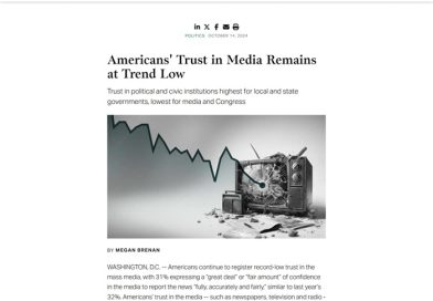 信任度雪崩：美国民众对主流媒体信任跌至历史新低